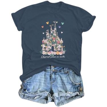 Imagem de Bobeutou Camisetas femininas Magic Kingdom com estampa floral de castelo floral para férias de férias camisetas engraçadas e fofas, Azul marinho, P