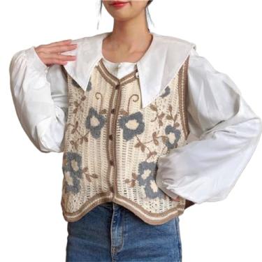 Imagem de CUFEZN Suéter feminino com estampa floral, sem mangas, gola V, vintage, cardigã de crochê, malha cropped folgada, regata, Caqui, Tamanho Único