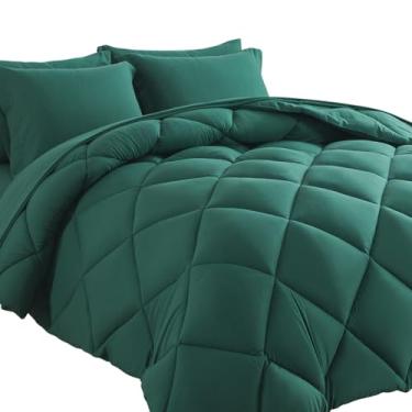 Imagem de Cosybay Jogo de edredom completo Bed in a bag, 7 peças, conjunto de cama alternativo sólido para todas as estações, verde escuro com edredom, fronhas, lençol de cima, lençol com elástico e fronhas