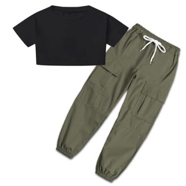 Imagem de SANGTREE Conjunto de 2 peças para meninas, camiseta e calça cargo com cordão, 4 a 14 anos, A preto + verde oliva, P
