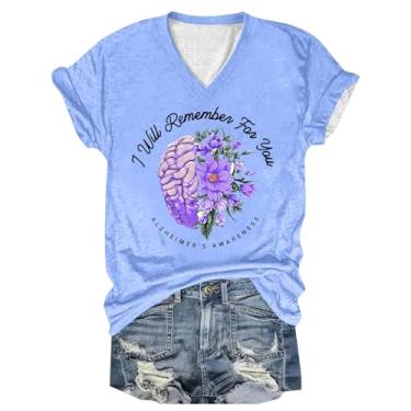Imagem de PKDong Camiseta feminina de conscientização de Alzheimers, gola V, manga curta, roxa, estampa floral, camiseta feminina para o verão, Z09 Azul celeste, M