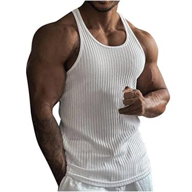 Imagem de Camiseta regata canelada lisa para academia masculina verão outono gola canoa colete masculino 2024 ajuste regular, T-075 Branco, XG