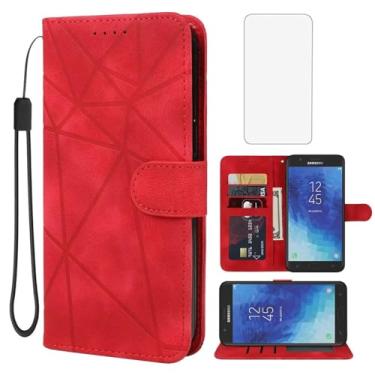 Imagem de Wanyuexes Capa para Galaxy J7 2018J7 Aero/J7 Aura/J7 Top/J7 Crown/J7 Eon Capa carteira com protetor de tela de vidro temperado, capa flip de couro com suporte para cartão de crédito para Samsung
