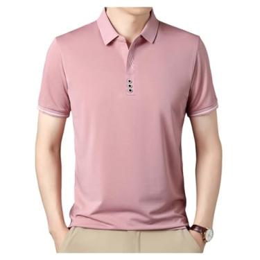 Imagem de Camisa polo masculina gola lapela botões elástico golfe camiseta coreana ajuste regular manga curta polo, Rosa, XXG