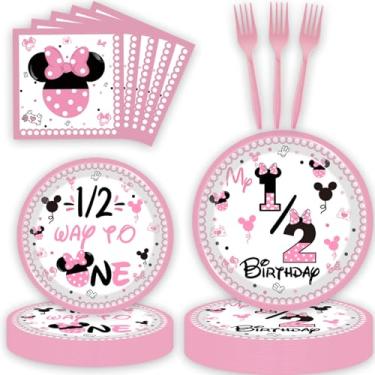 Imagem de 80 peças de decorações de meio aniversário Minnie para 6 meses, pratos de papel descartáveis, guardanapos, garfos, utensílios de jantar para Minnie até o primeiro aniversário, decoração de chá de