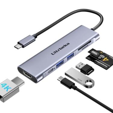 Imagem de Hub USB C 7 em 1 USB-C Dongle com adaptador multiportas HDMI 4K, 2 entradas USB-A 3.0 5Gbps, carregamento PD de 100 W, leitor de cartão TF/SD para laptops MacBook Pro/Air e outras portas tipo C (prata