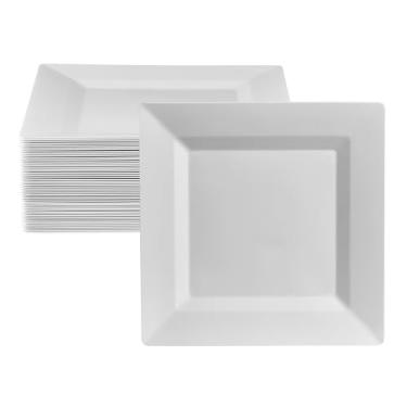 Imagem de Oasis Creations Conjunto de pratos quadrados brancos 25,4 cm - 50 unidades - Plástico descartável branco rígido premium - descartável e reutilizável - prato de salada - prato de aperitivo - prato de jantar - conjunto de pratos de festa
