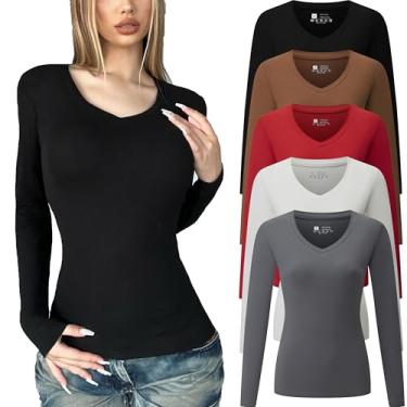 Imagem de FMNNNN Camisetas femininas de manga comprida, gola V, básicas, de primavera, outono, moda, em camadas, justas, Y2k Skims, 5 peças: preto/branco/café/vermelho/cinza, XGG