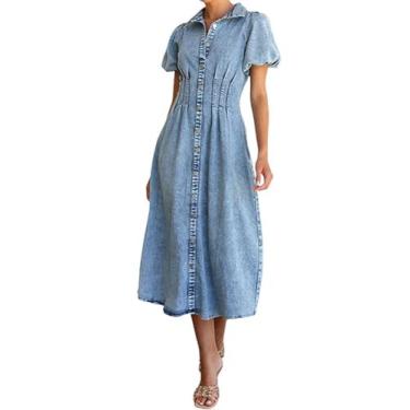 Imagem de utcoco Vestido feminino longo jeans manga bufante abotoado casual slim fit midi vestido camisa jeans, Azul, PP