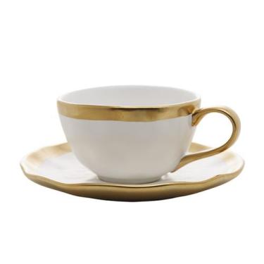 Imagem de Xícara 90ml para café de porcelana branco e dourado com pires Dubai Wo