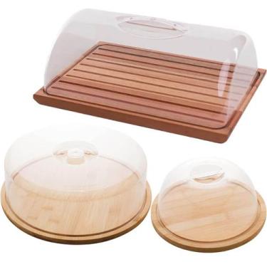 Imagem de Kit Migalheira Queijeira Boleira para Mesa Posta de Café Bambu Acrílic