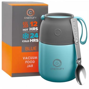 Imagem de ENERGIFY Frasco de comida isolado a vácuo. Tigela grande de 482 g incluindo colher dobrável, copo. Boca larga mantém bebidas quentes e frias, recipiente de almoço para adultos. Aço inoxidável sem BPA