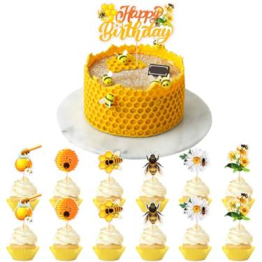 Imagem de Bee Cupcake Toppers Big Cake Topper for Baby Shower Decoration, Bumble Bee are Picking Honey Sunflowers Pattern Cupcake Picks Cake Decorations for Kids Boys Girls Birthday Party Gender Reveal Supplies