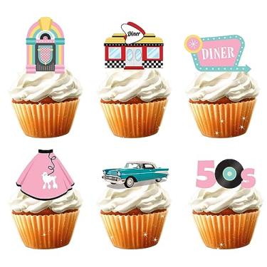 Imagem de 18 peças de topos de cupcake de discoteca dos anos 50 para crianças e adultos Jukebox 1950 Diner Shoppe Rock and Roll Sock Hop Tema Festa Suprimentos Retro 50s Decorações de bolo de aniversário