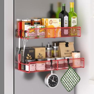 Imagem de Suporte magnético para temperos para geladeira, pacote com 2 prateleiras magnéticas 100% metálicas, organizador de especiarias com ganchos, prateleira magnética móvel para geladeira, cozinha, casa