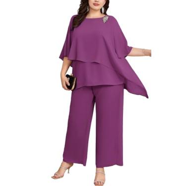 Imagem de Hanna Nikole Conjunto de calça plus size para mãe da noiva, 2 peças, chiffon, camadas de babados, roupa de convidada de casamento, Violeta, 24 Plus