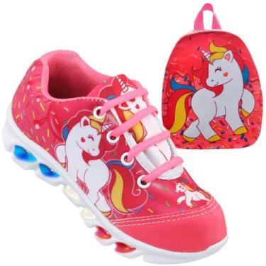 Imagem de Kit Tênis De Led Infantil Menina Feminino Unicórnio + Mochila - Kids, 
