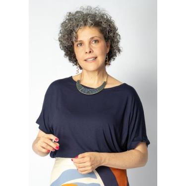 Imagem de Blusa Básica Morcego Malha Gola Canoa Manga Curta Azul Marinho - Amazo