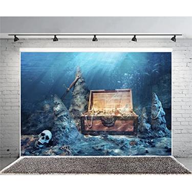 Imagem de AOFOTO 2,4 x 1,8 m fundo de baú de tesouro subaquático crânio pirata joias fotografia pano de fundo náutico marinho verão férias meninos meninas criança retrato artístico estúdio foto adereços vinil