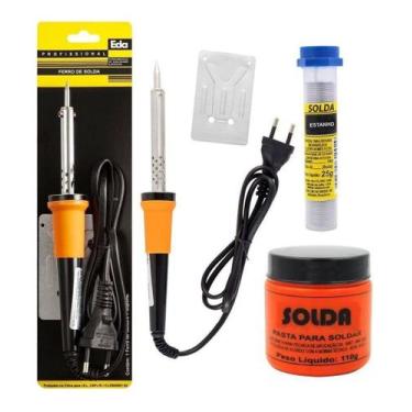 Imagem de Kit com ferro de soldar EDA, estanho e pasta 60W 127V - MIX