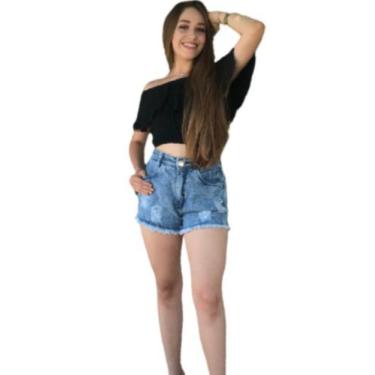 Imagem de Shorts Cintura Alta Jeans Desfiado Feminino R24 - Fanáticos Por Cintas