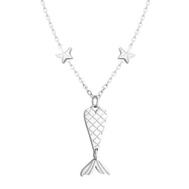 Imagem de 555Jewelry Colar feminino com pingente de pequena sereia de aço inoxidável, tamanho da corrente 45,7 cm, Aço inoxidável, Sem Pedra Preciosa