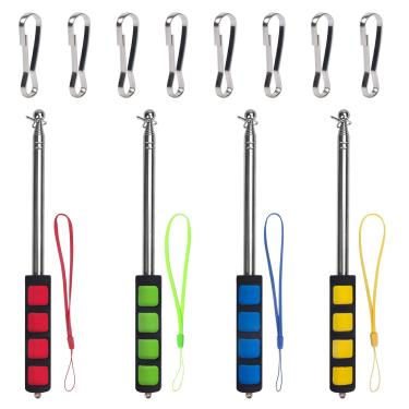 Imagem de Enjoyist Pacote com 4 mastro de bandeira portátil telescópico de cores sortidas, extensível, aço inoxidável, portátil, guias turísticos e ponteiro para professores, com clipes (mastro de bandeira de