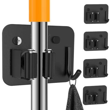 Imagem de XCIXCI Pacote com 4 suportes de vassoura de aço inoxidável, suporte de parede com gancho, vassoura de perfuração de parafuso e organizador de esfregão para pendurar na parede, suporte de armazenamento