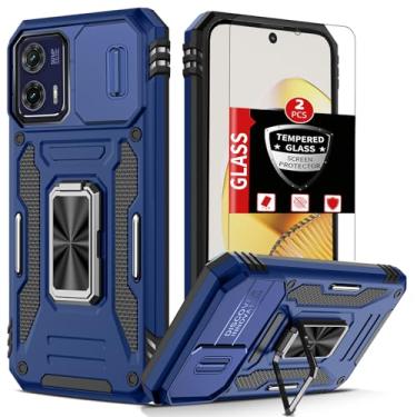 Imagem de FRLMOOES Capa para Motorola Moto G73 com 2 protetores de tela, capa de câmera deslizante integrada + anel de suporte de 360° para capa de telefone G73 à prova de choque, antiarranhões, proteção