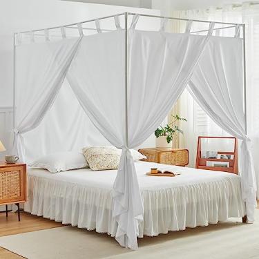 Imagem de AIKASY Cortinas de Cama de Dossel Branco com Amarras Superiores e Amarras Traseiras para Decoração de Quarto - Cortinas de Cama de Solteiro com Recursos À Prova de Vento e Luz