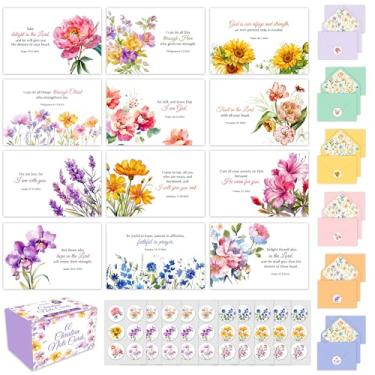 Imagem de Decorably Pacote com 60 cartões cristãos de 10 x 15 cm com envelopes e adesivos, 12 cartões cristãos com design elegante com incentivo às escrituras, em branco - Primeira comunhão, batismo