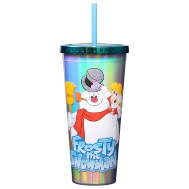 Imagem de Spoontiques - Copo de folha acrílica com canudo - 590 ml - Tampa de bloqueio metálico com canudo - Isolamento de parede dupla - Sem BPA - Copo de alumínio Frosty the Snowman