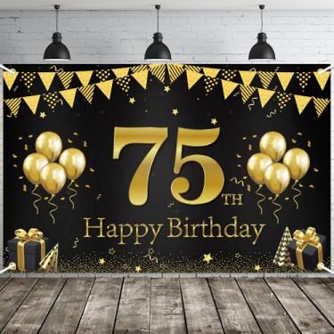 Imagem de JOYKY Banner de feliz aniversário de 75 anos, decorações de festa de aniversário de 75 anos em ouro preto para homens e mulheres para ela, decoração de pano de fundo, 15 x 9 metros