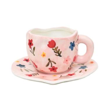 Imagem de Noviko Caneca de café de flor rosa com conjunto de pires para mulheres 293 ml