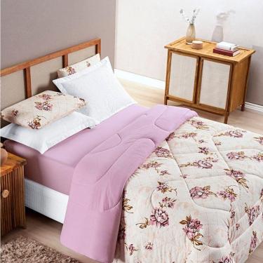 Imagem de Kit Edredom Casal Com Jogo De Lençol Malha 100% Algodão 4 Peças Floral Rosê