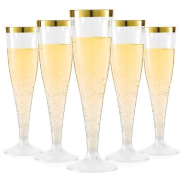 Imagem de YOUTHSHIP Pacote com 50 taças de champanhe de plástico descartáveis de 130 ml, taças de champanhe com borda dourada, taças de coquetel para casamentos, aniversários, festas de Natal, copos de mimosa