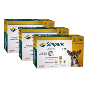 Imagem de 3 Simparic Antipulgas Para Cães Cão De 1,3 A 2,5 Kg 5 Mg 9cp, Amarelo