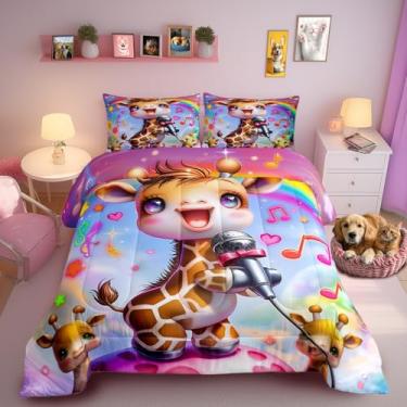 Imagem de Conjunto de edredom fofo de girafa, desenho animado, notas musicais, arco-íris, estrela, nebulosa, planetas, todas as estações, conjunto de edredom de conto de fadas, 3 peças