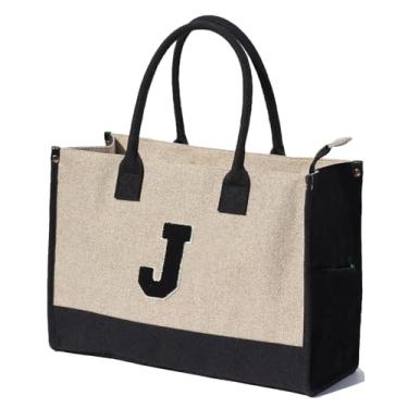Imagem de ESVAN Sacola de lona personalizada para presentes de linho, bolsas de mão com fecho de zíper inicial, bolsa utilitária retrô, J