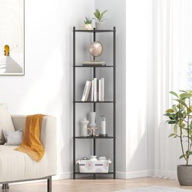Imagem de Wisuce Suporte de prateleira de canto – Estante de canto pequena de bambu preto de 5 camadas para escritório, cozinha, quarto, plantas, decoração de sala de estar, espaço pequeno