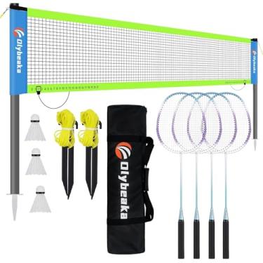 Imagem de Olybeaka Conjunto de rede Baminton ao ar livre para quintal, praia, jogos familiares com rede anti-queda de 6 x 90 cm, 4 raquetes de badminton de alumínio, 3 petecas, bolsa de transporte - fácil de