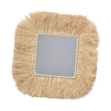 Imagem de Bothyi Espelho de parede de fazenda, espelho boho, decoração de arte de parede rústica, espelho decorativo, espelho de palha trançada para sala de estar, Quadrado