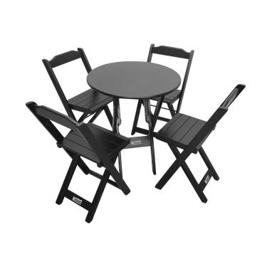 Imagem de Mesa Dobrável de Madeira Redonda 70cm com 4 Cadeiras Preta - Tarimatã