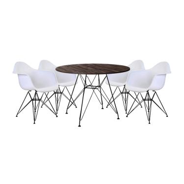 Imagem de Conjunto Mesa de Jantar Eames Eiffel Redonda 90cm Amêndoa com 4 Poltronas Pretas Ferro Preto