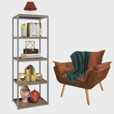 Imagem de Kit Poltrona Fatte com Manta Soft Verde e Estante Livreiro Ferro Cinza mdf Imbuia Suede Terracota - Ahazzo Móveis