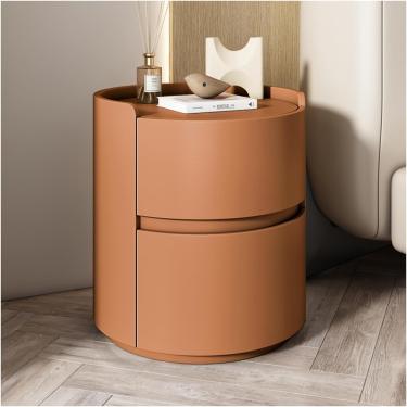 Imagem de Mesa de cabeceira de couro de microfibra redonda com 2 gaveta de madeira Mesa lateral moderna Tabela de madeira maciça Armário de armazenamento de madeira para quarto de quarto, laranja, 45x