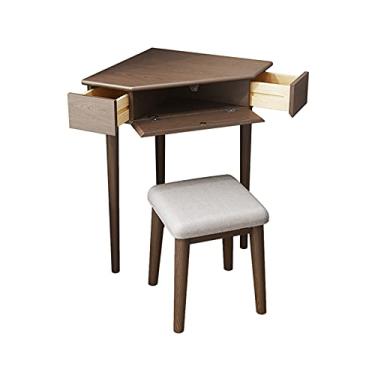 Imagem de Mesa de computador mesa de canto de madeira mesa de estudo robusta mesa de estudo com triângulo mesa de trabalho de carvalho compacta com 2 gavetas pequenas e compartimentos de armazenamento estações