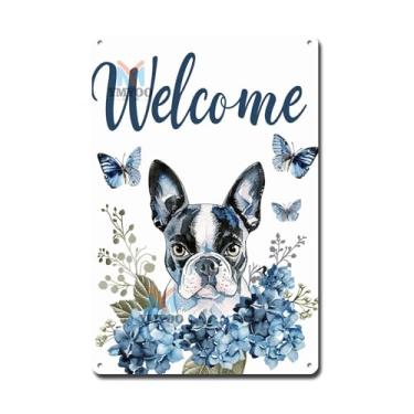 Imagem de Ymyoo Placa decorativa de estanho vintage arte de parede charmosa Boston Terrier Bem-vindo com hortênsias para varandas domésticas, vida urbana e decoração moderna, fácil instalação, alumínio