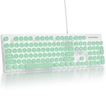 Imagem de Fogruaden Teclado de computador com fio, teclado de membrana silencioso de tamanho completo, tecla redonda estilo máquina de escrever retrô, acende, teclados fofos verdes, retroiluminação LED branca