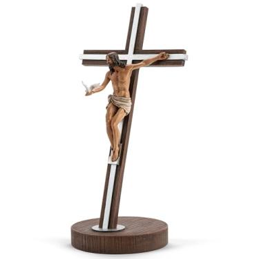 Imagem de BC Católico 23,5 cm A Cruz de Presente do Espírito Crucifixo em pé, decoração de casa de mesa de Jesus Cristo, presente devoto para a Páscoa, acabamento colorido realista, escultura renascentista